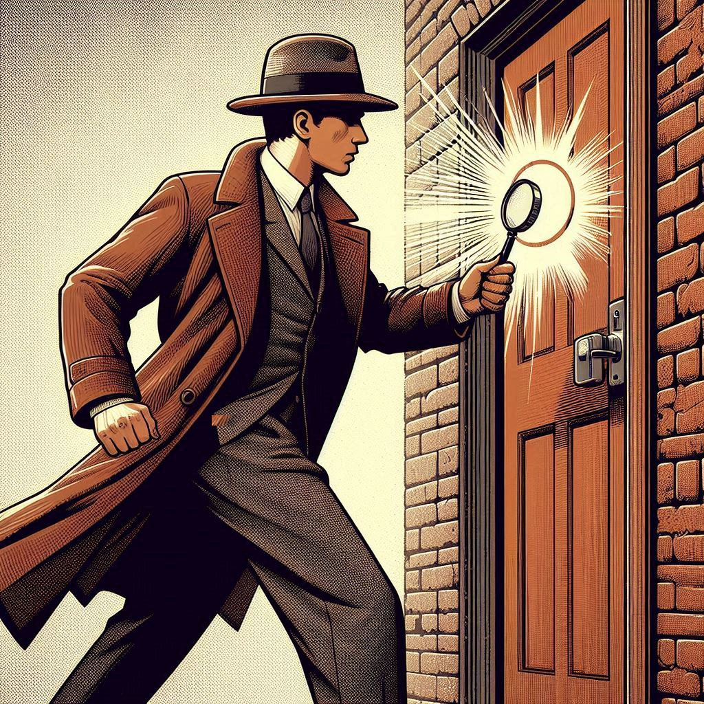 A door slams in front of a private detective, representing the blocking of trackers in Google's Privacy Sandbox proposals